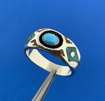 Native American T.J.W. Sterling Silver 925 Turquoise Coral Inlay Band Ring