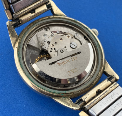 Mid Century Zodiac 10K Gold Filled Autographic Mens Flex Band Wrist Watch Runs