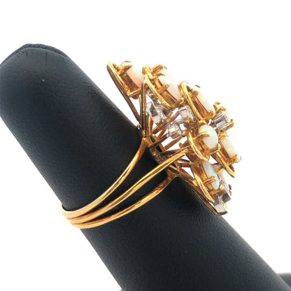 Lovely 14k Yellow Gold Opal Diamond Accent Floral Cluster Freeform Ring