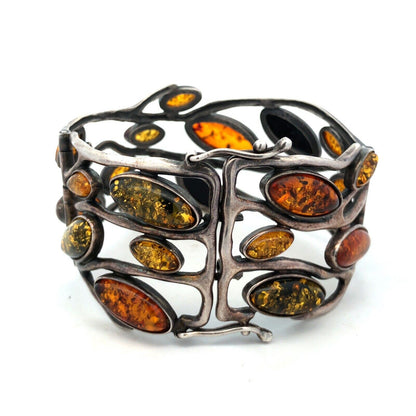 Vintage 925 Sterling Silver Green Orange Yellow Amber Vines Hinged Cuff Bracelet