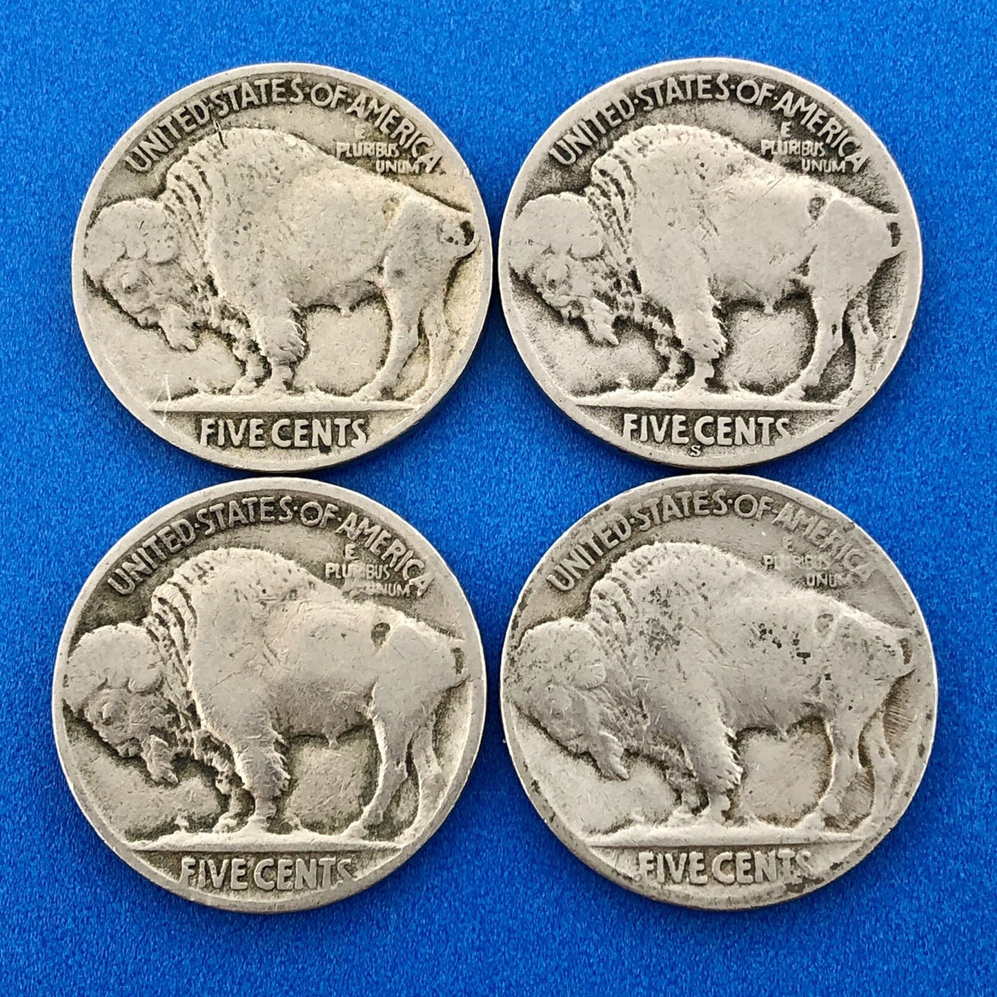 1921 P Indian Head Buffalo Nickel 5c Mixed Date Mint Mark Four Coin Lot