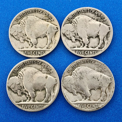 1921 P Indian Head Buffalo Nickel 5c Mixed Date Mint Mark Four Coin Lot