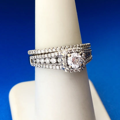 14K White Gold Round Solitaire Diamond Halo Band Accented Bridal Two Ring Set