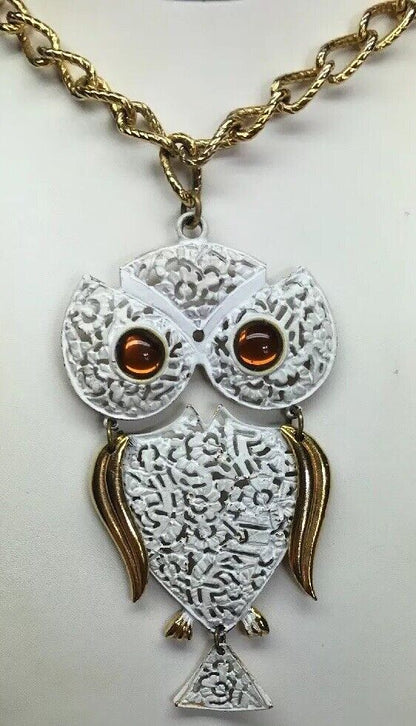 Park Lane Amber Eyes White Enamel Filigree 3D Owl Gold Tone Statement Necklace
