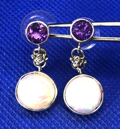 925 Sterling Silver Amethyst Mother of Pearl Round Drop Dangle Earrings