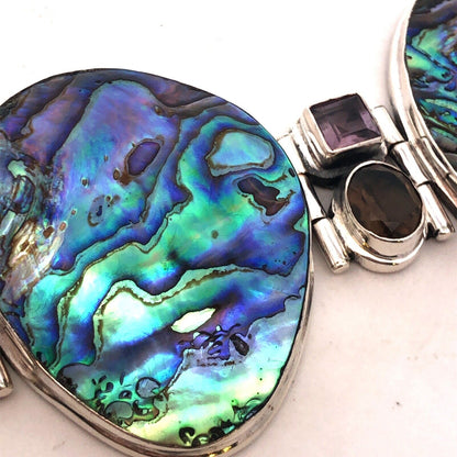 Modernist 925 Sterling Silver Abalone Amethyst Smoky Topaz Statement Bracelet