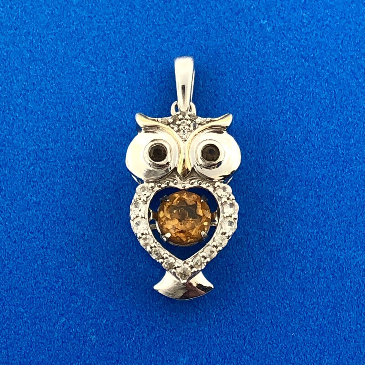 Retro JWBR 925 Sterling Silver 14K GP Citrine Diamond Owl Wisdom Charm Pendant