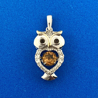 Retro JWBR 925 Sterling Silver 14K GP Citrine Diamond Owl Wisdom Charm Pendant