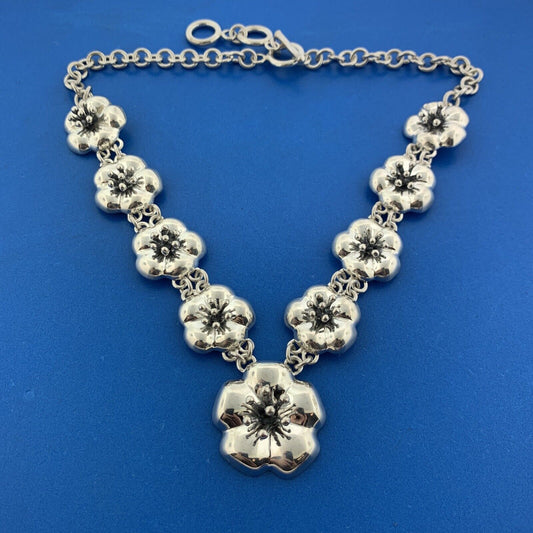 Vintage CII Taxco Sterling Silver Pansy Posey Floral Statement Toggle Necklace