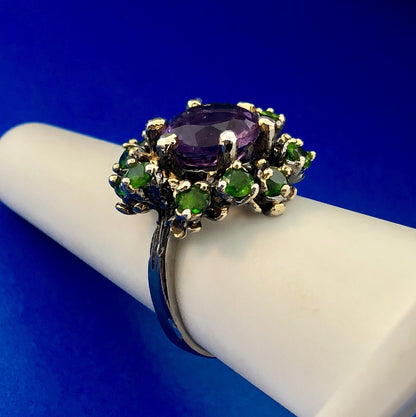 Fabulous 925 Sterling Silver Amethyst Solitaire Green Garnet Halo Cluster Ring