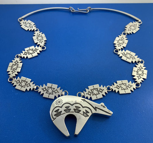 Native American 925 Sterling Silver Concho Bear Statement Storyteller Necklace