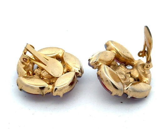 Vintage Gold Tone Pink Purple Rhinestone Jelly Belly Flower Clip On Earrings
