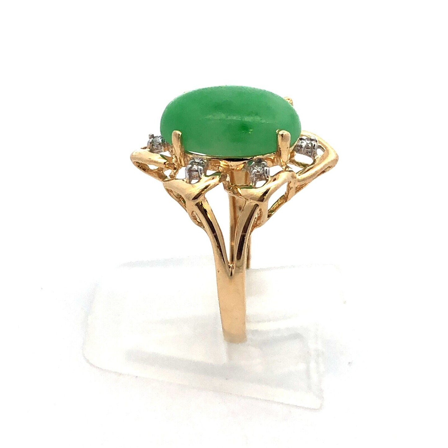 Designer 14K Yellow Gold Oval Jade Cabochon Diamond Accent Cocktail Ring