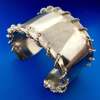 Modernist Silver Tone Twisted Wire Wrapped Polished Statement Cuff Bracelet