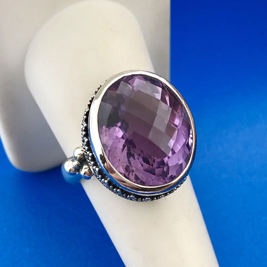 Stunning Sterling Silver 925 Faceted 13.25 ct Amethyst Dome Ring Size 8.75