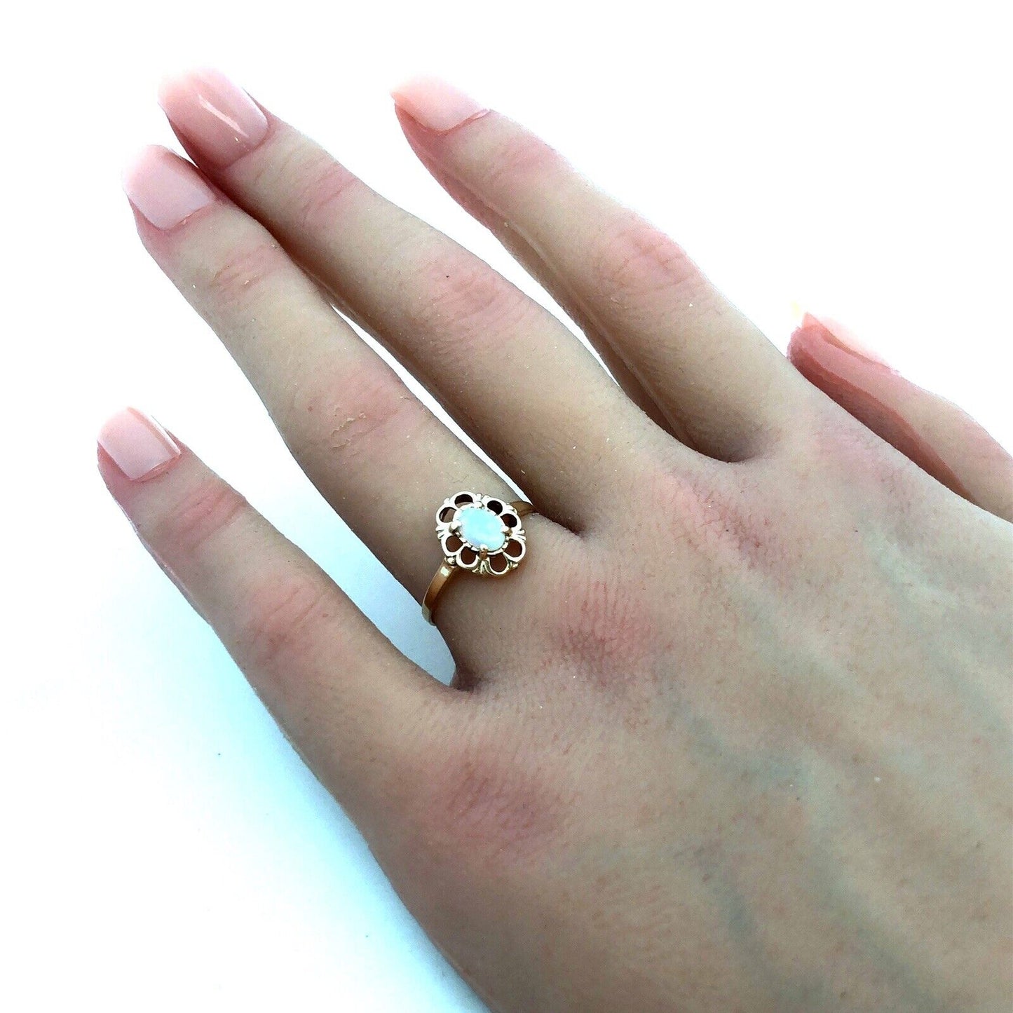 Estate 10K Yellow Gold Oval White Opal October Birthstone Anniversary Ring
