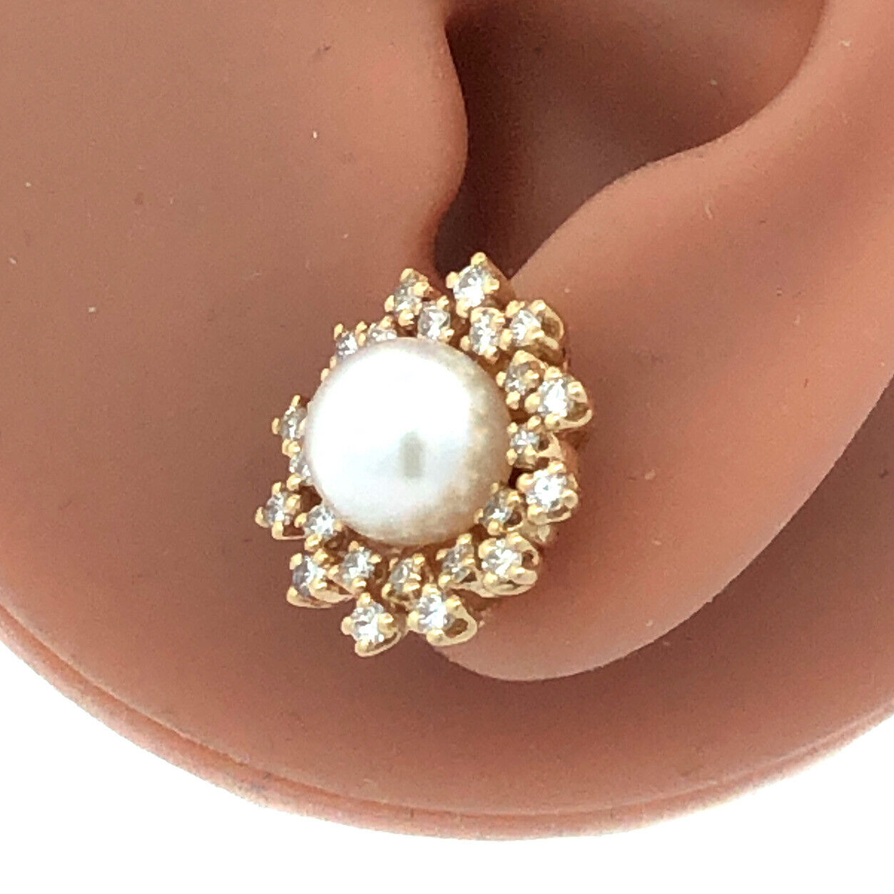 Designer 14K Yellow Gold Round Pearl Stud With Diamond Halo Earring Jackets