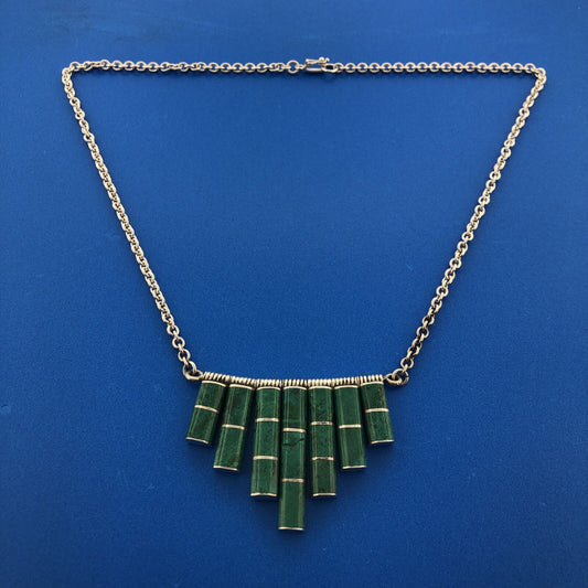 Estate Modernist 925 Sterling Silver 925 Malachite Abstract Statement Necklace
