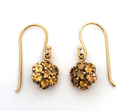 Vintage 14K Yellow Gold Round Citrine Flower Dangle Hook Earrings