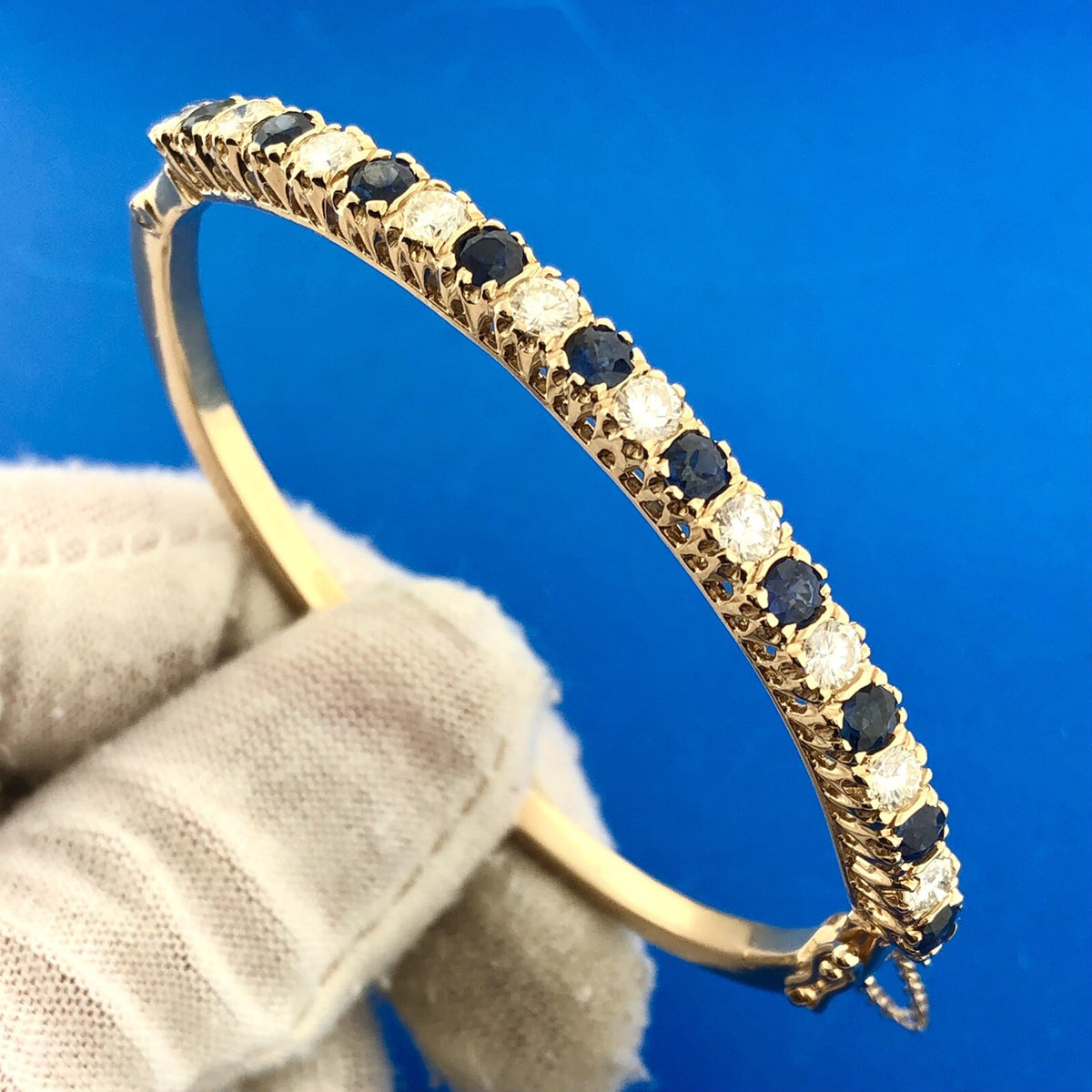 Stunning 14K Yellow Gold Diamond Sapphire September Hinged Bangle Bracelet