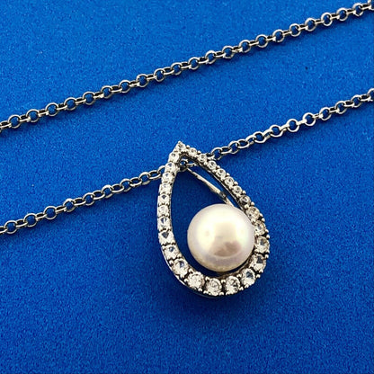 Designer Sterling Silver Pearl Diamond Bridal Perfect Pear Drop Pendant Necklace