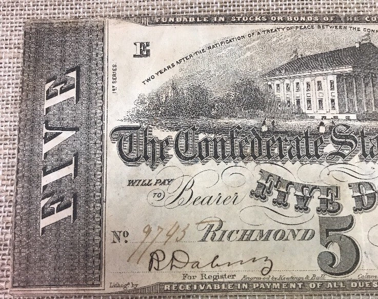 1863 $5 Confederate States of America April 6 Richmond Civil War Era Note T-60