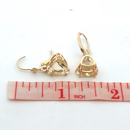 14K Yellow Gold Designer Trillion Honey Lemon Quartz  Leverback Dangle Earrings