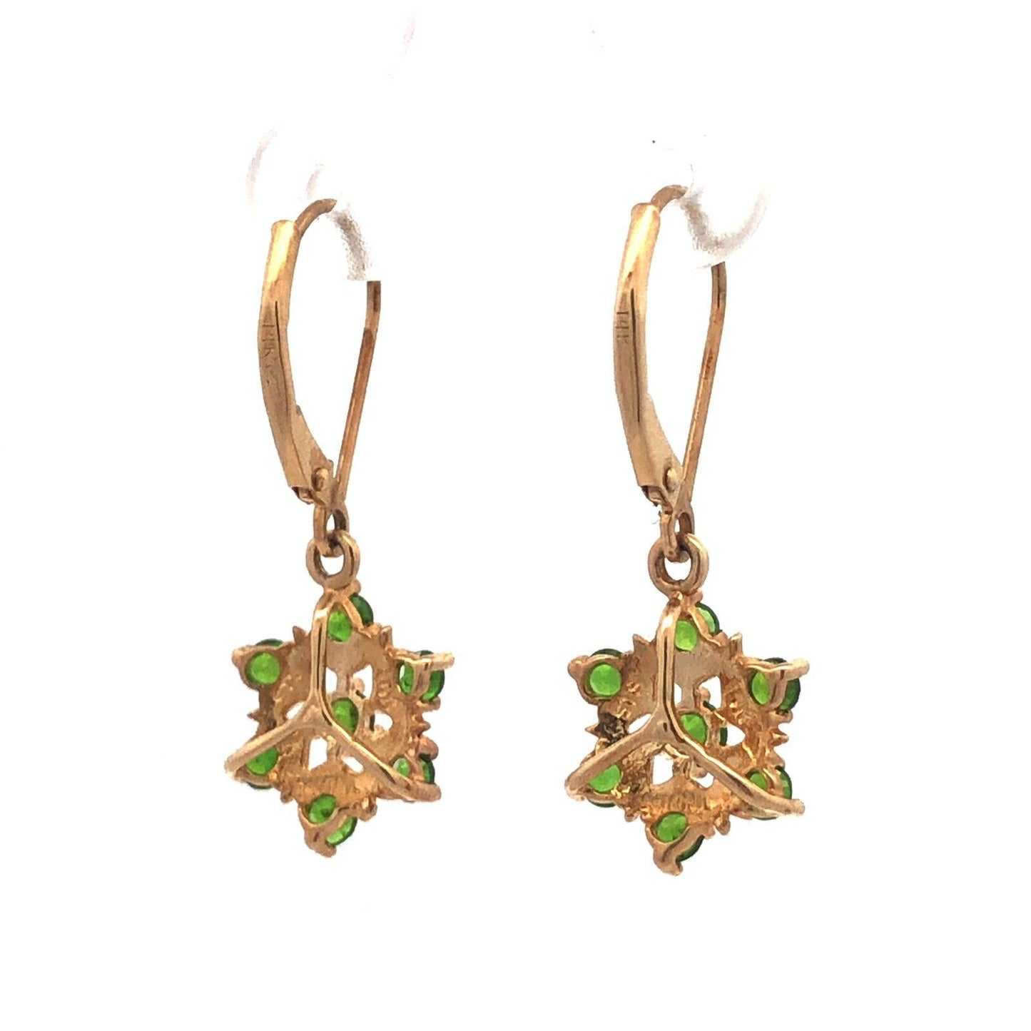 14K Yellow Gold Round Green Tourmaline Flower Leverback Dangle Earrings