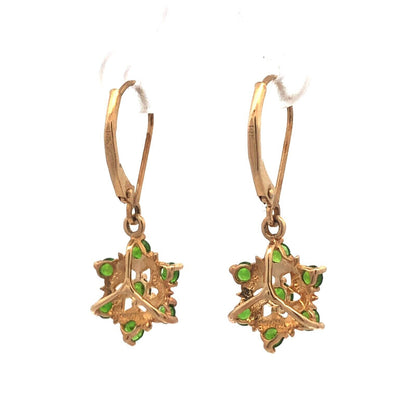 14K Yellow Gold Round Green Tourmaline Flower Leverback Dangle Earrings