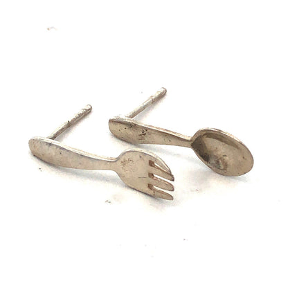 Vintage 925 Sterling Silver Fork Spoon Utensils Cookware Drop Stud Earrings