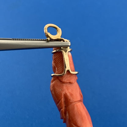 Gorgeous 14k Yellow Gold Carved Coral Chinese Eastern Wise Man Dangle Pendant