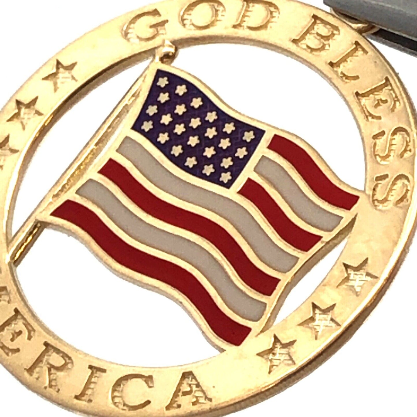 Designer NGI 14K Yellow Gold Enamel God Bless America USA Flag Round Pendant