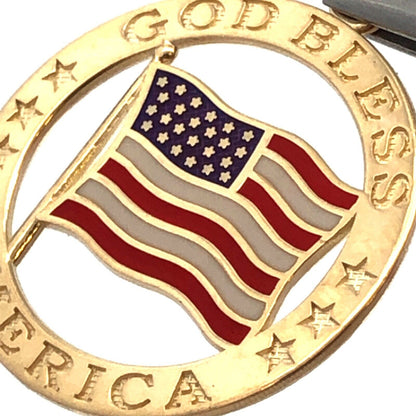 Designer NGI 14K Yellow Gold Enamel God Bless America USA Flag Round Pendant