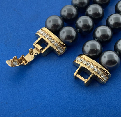 Retro Ciro Gold Tone Rhinestone Black enamel Gray Faux Pearl Statement Necklace