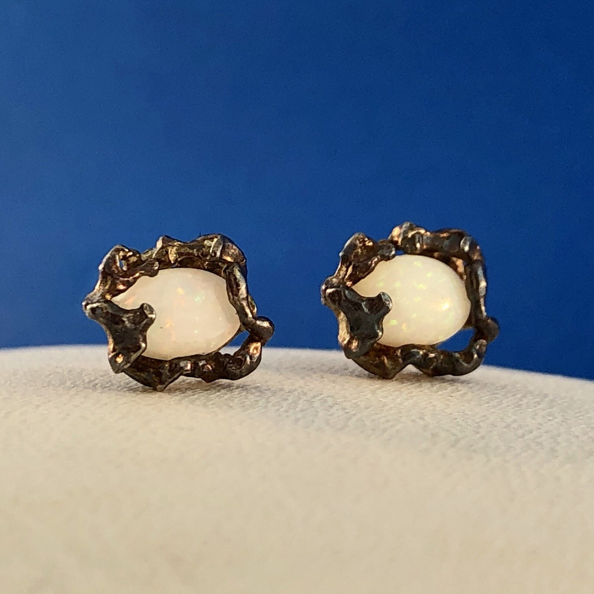 Native American Artisan Sterling Silver 14K Gold Opal Free Form Stud Earrings