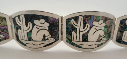 Vintage Mexico Taxco CS Sterling Silver Abalone Inlay Oval Panel Cuff Bracelet