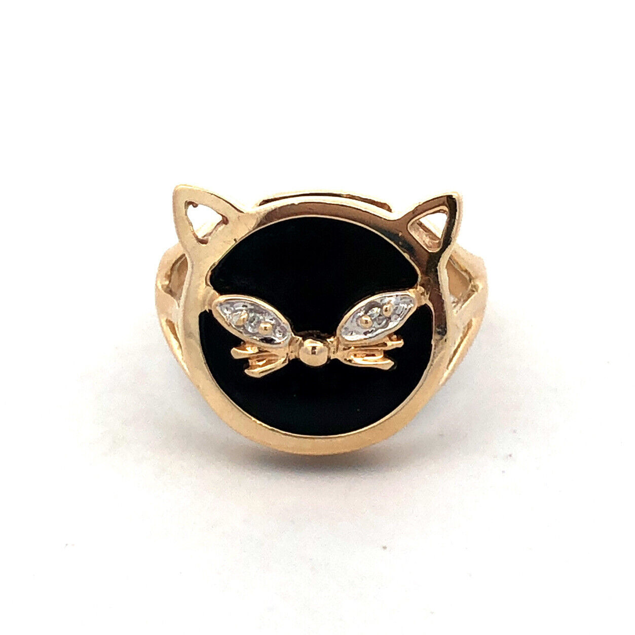 Designer 10K Yellow Gold Round Black Onyx White Topaz Cat Pet Ring