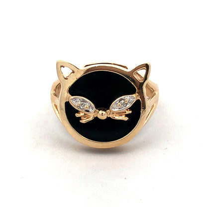 Designer 10K Yellow Gold Round Black Onyx White Topaz Cat Pet Ring