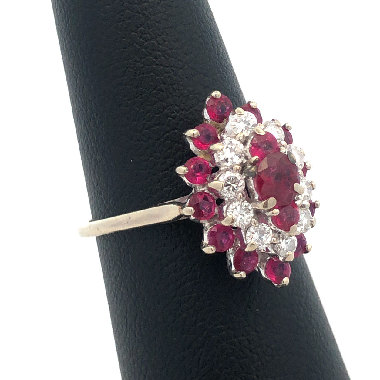 14K White Gold Ruby Diamond Cluster Bridal Birthstone Anniversary Cocktail Ring