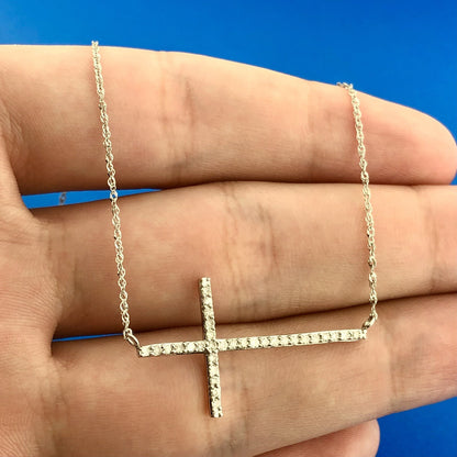 Designer 14K White Gold Diamond Bar Cross Religious Communion Easter Necklace