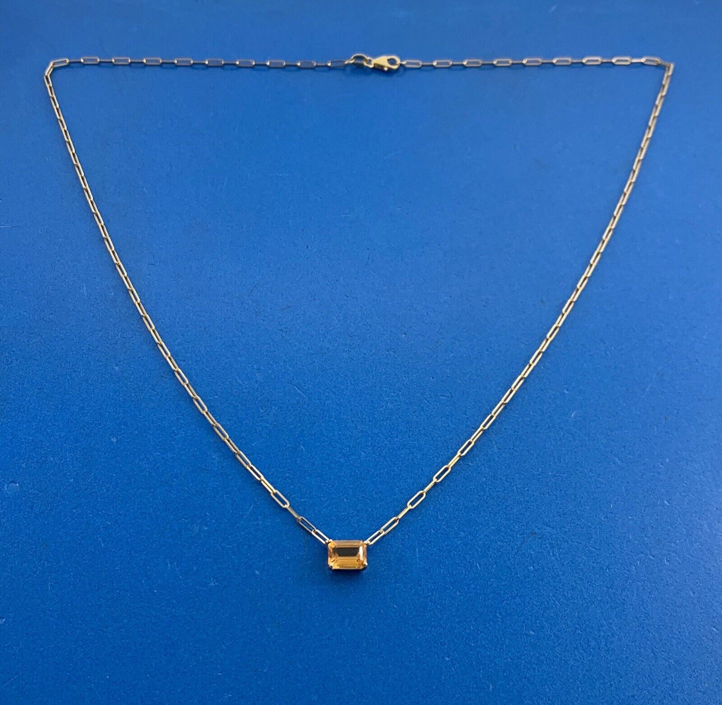 Designer 14K Yellow Gold Emerald Cut Citrine Paper Clip Chain East West Necklace