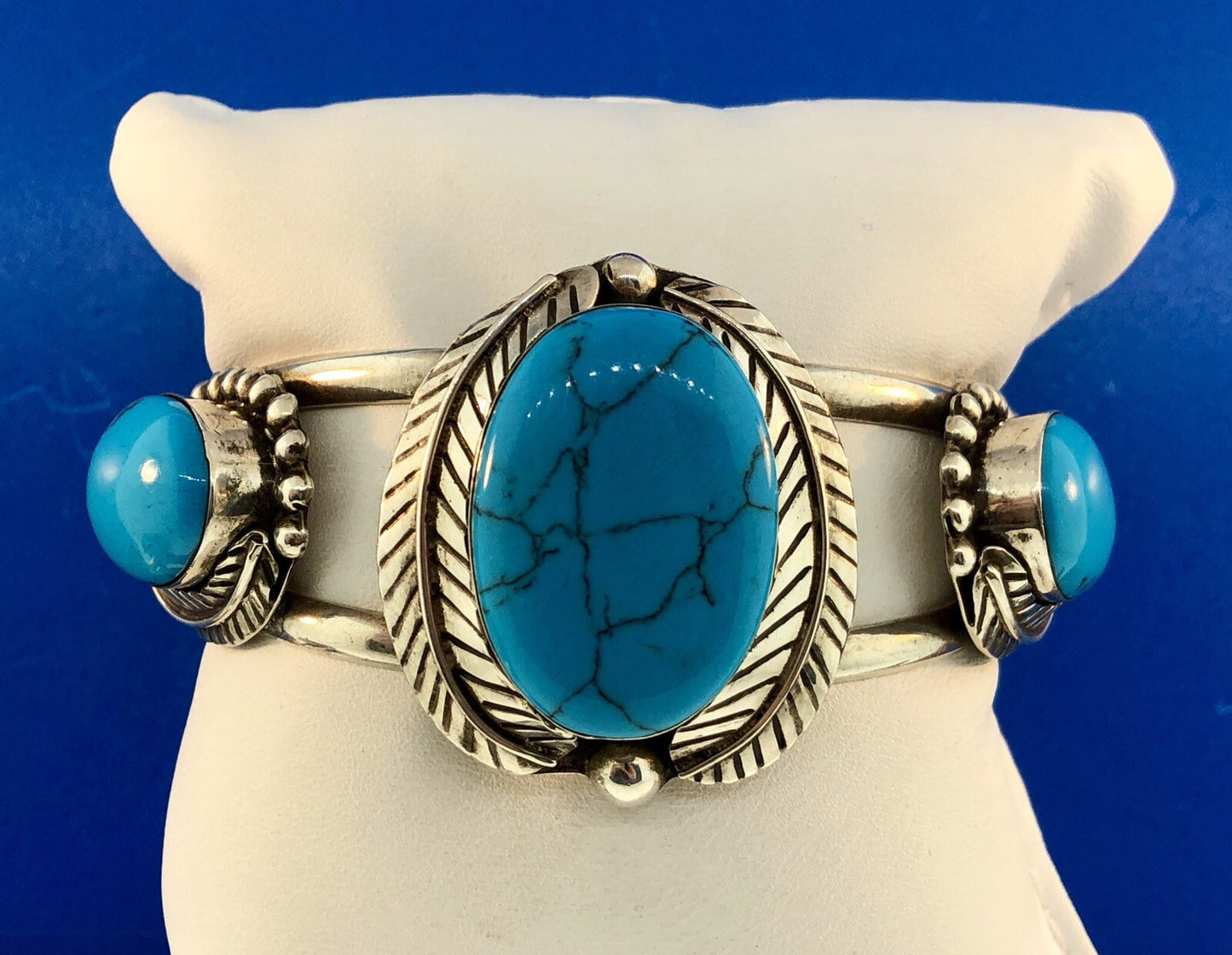 Vintage Taxco TC-216 Sterling Silver 925 Turquoise Trio Statement Cuff Bracelet