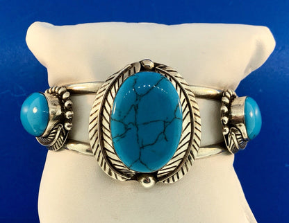 Vintage Taxco TC-216 Sterling Silver 925 Turquoise Trio Statement Cuff Bracelet