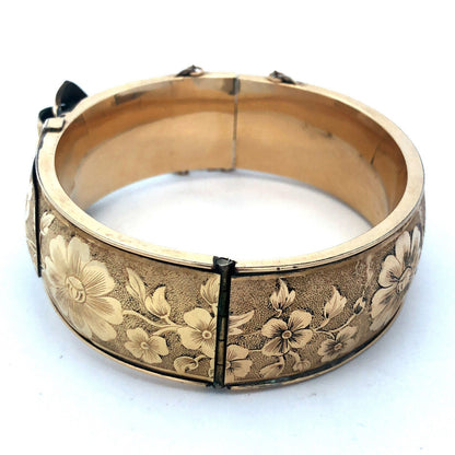Antique F.M.Co 12K Yellow Gold Filled Floral Belt Buckle Hinged Bangle Bracelet