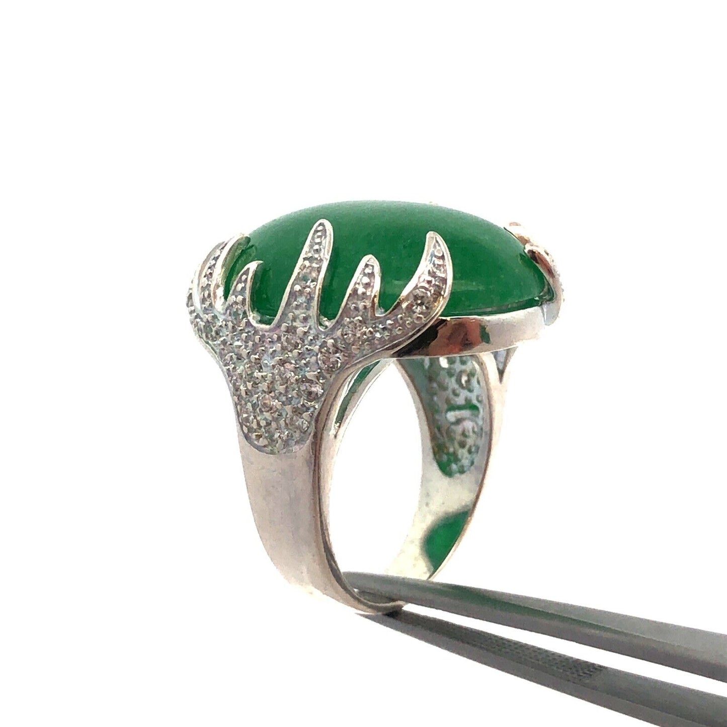 Designer SX 925 Sterling Silver Oval Chrysoprase Cubic Zirconia Statement Ring