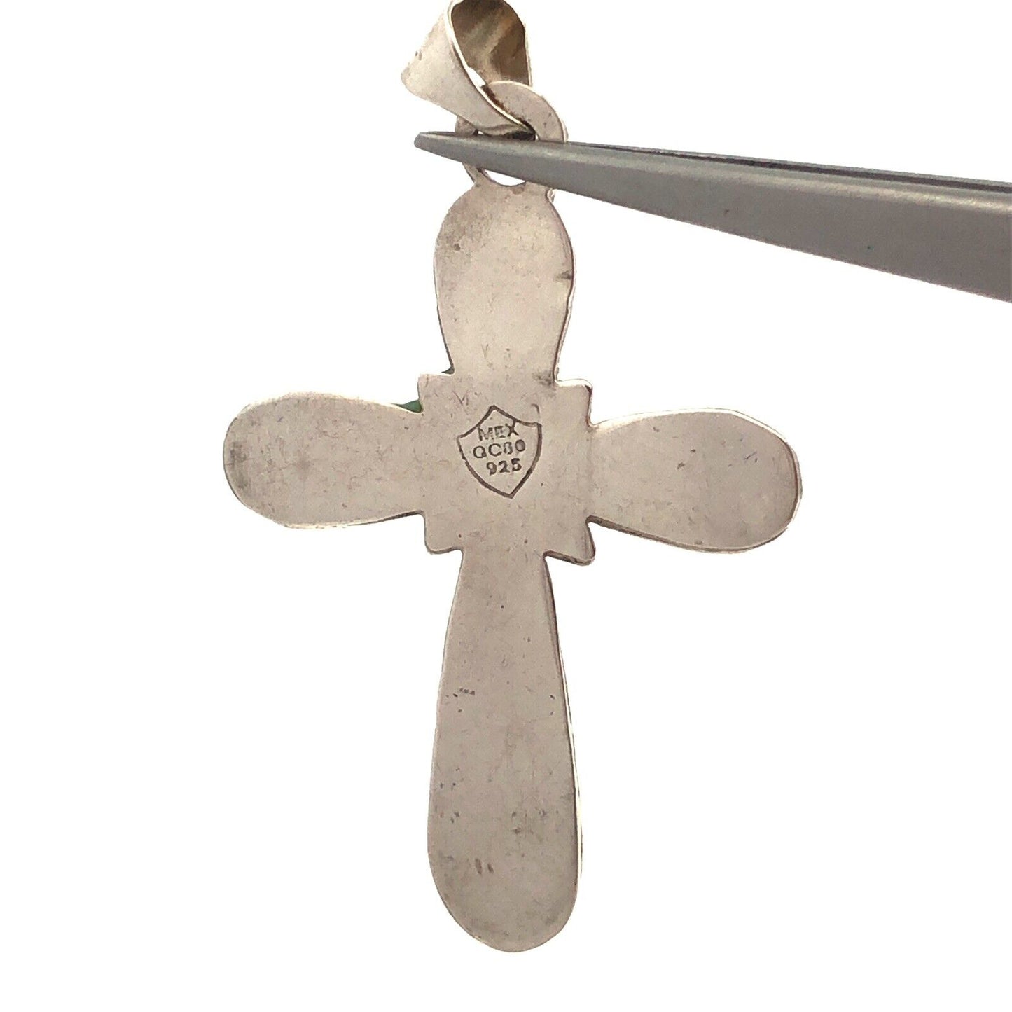 Vintage Taxco Mexico 925 Sterling Silver Turquoise Inlay Statement Cross Pendant