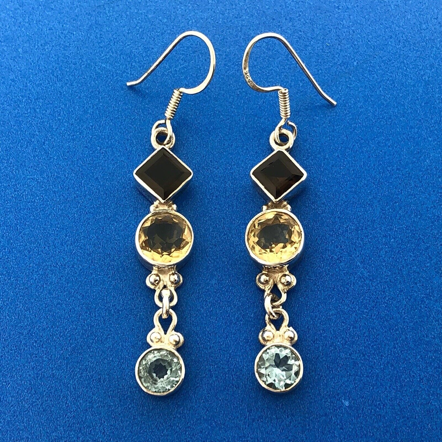 Retro 925 Sterling Silver Citrine Blue Topaz Smokey Quartz Drop Dangle Earrings