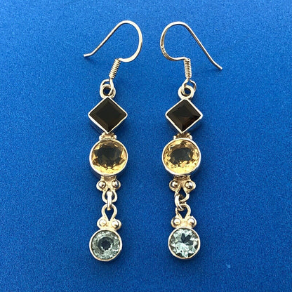 Retro 925 Sterling Silver Citrine Blue Topaz Smokey Quartz Drop Dangle Earrings