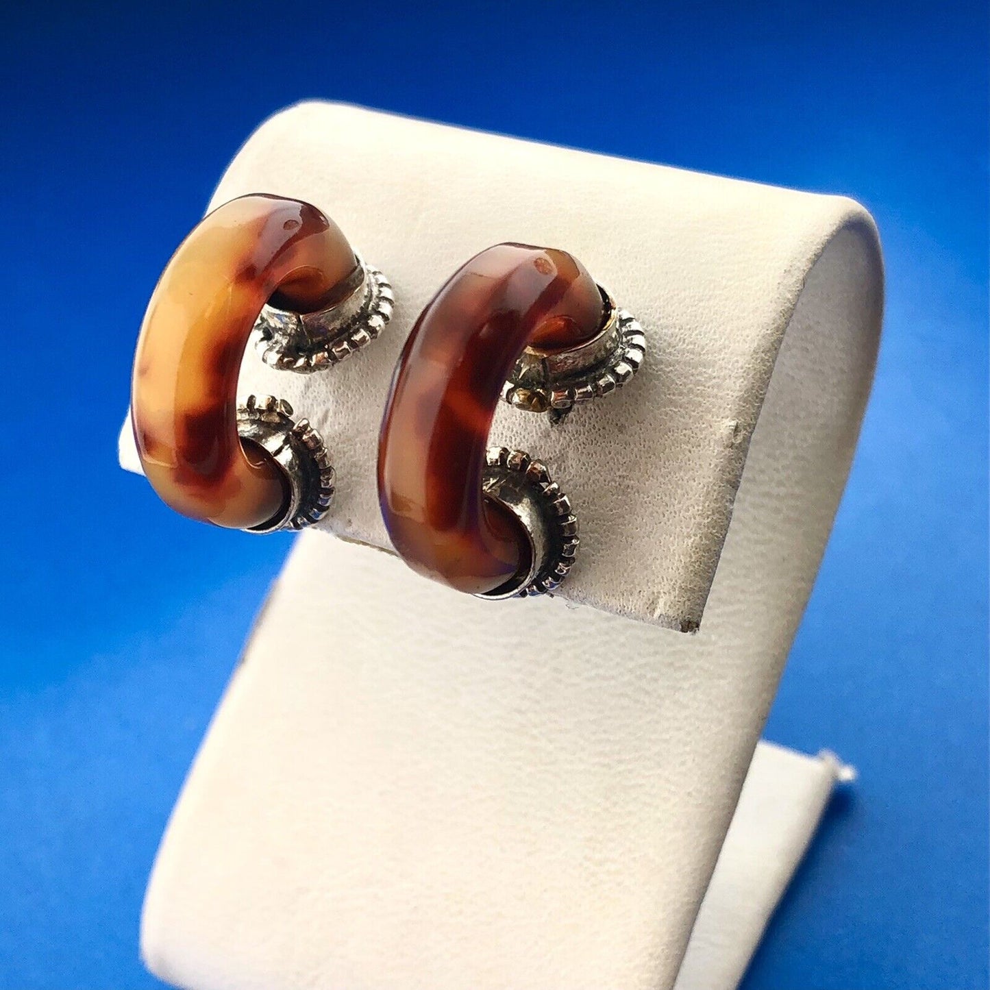 Vintage 925 Sterling Silver Amber Tube Half Hoop Stud Earrings