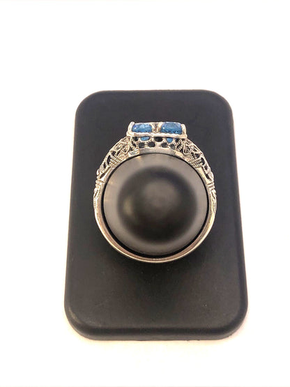 Designer CNA 925 Sterling Silver Blue Topaz and Diamond Accent Rectangle Ring